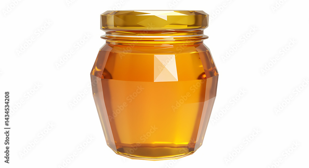 Glass jar of honey on white background