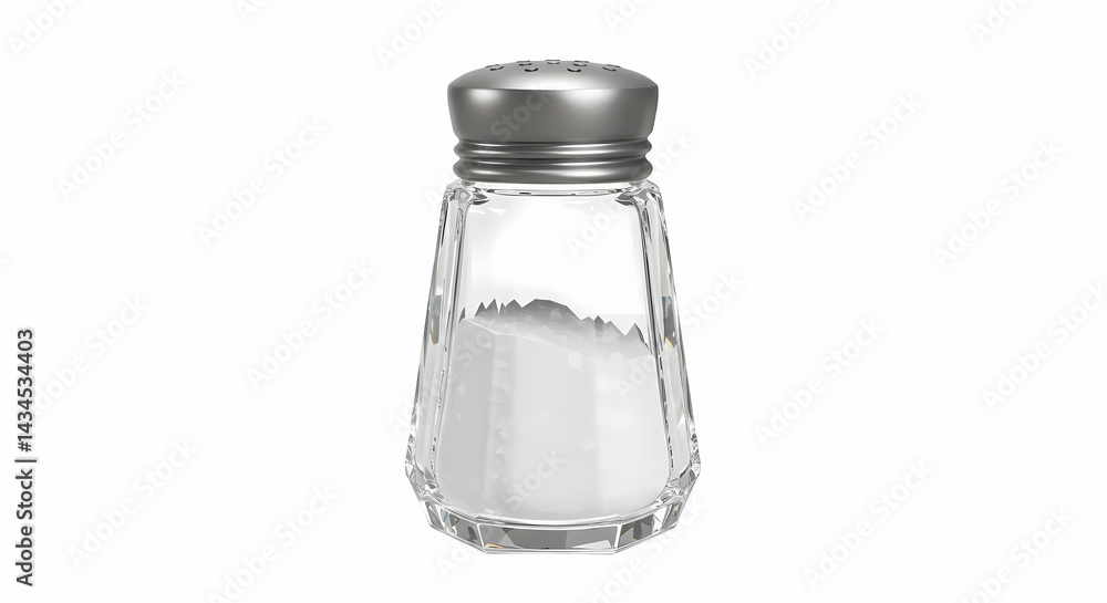 Clear salt shaker filled with salt on a white background