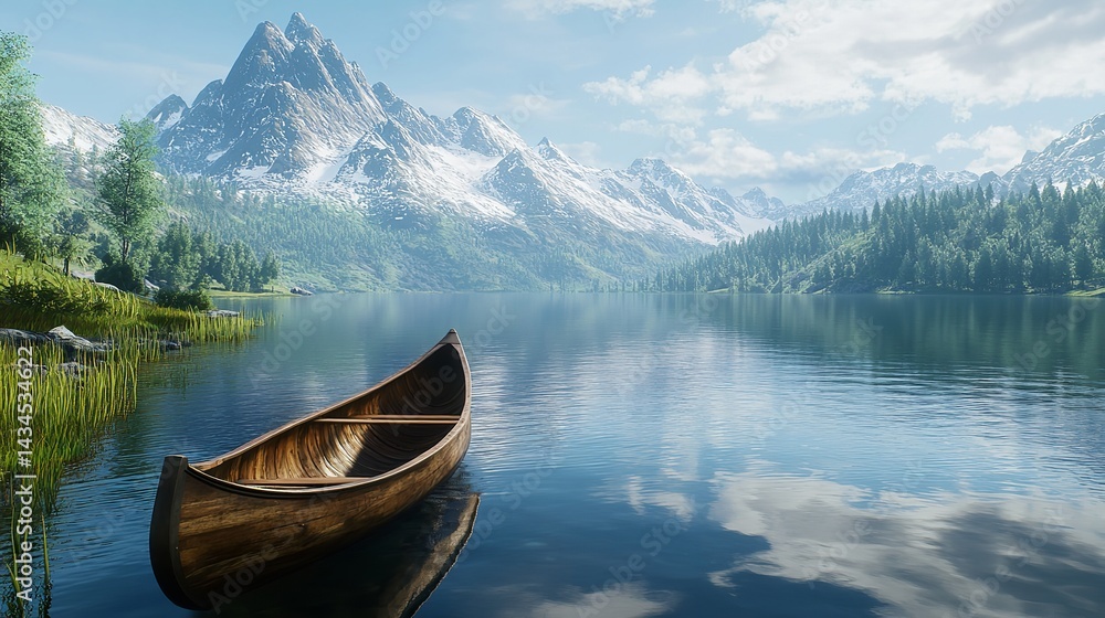 Serene Mountain Lake Canoe Peaceful Nature Scene Tranquil Water Wooden Boat Scenic View Summer Landscape Breathtaking Scenery Majestic Peaks Alpine Serene Mountain Lake Canoe Peaceful Nature Scene Tranquil Water Wooden Boat Scenic View Summer Landscape Breathtaking Scenery Majestic Peaks Alpine