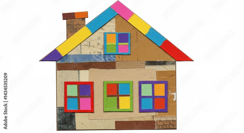 Colorful paper house model made from various materials