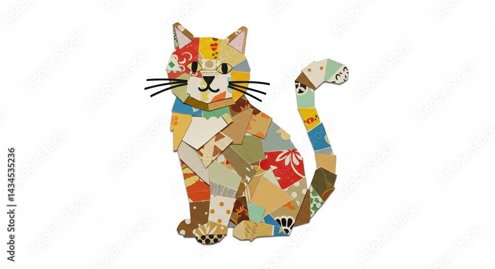 Colorful Cat Illustration Sitting Against White Background