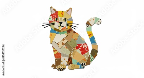 Colorful Cat Illustration Sitting Against White Background  