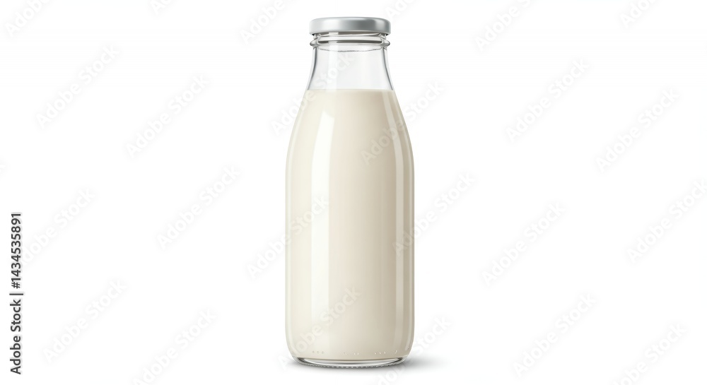 Almond Milk Displayed in Clear Glass Bottle with Silver Cap on White Background for Promotion Ads and Nutrition Focused Materials Almond Milk Displayed in Clear Glass Bottle with Silver Cap on White Background for Promotion Ads and Nutrition Focused Materials