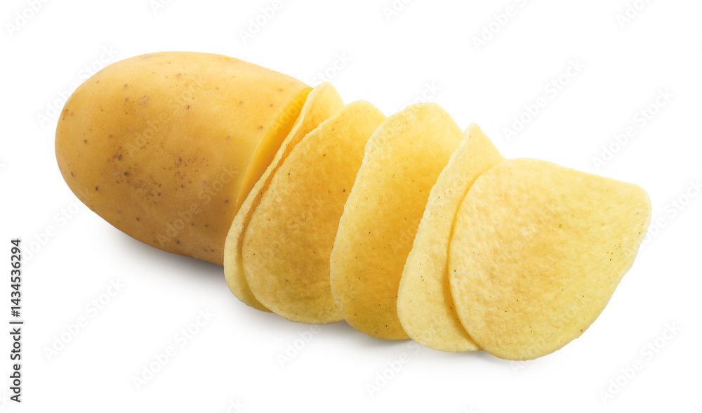 Tasty chips and sliced raw potato isolated on white Tasty chips and sliced raw potato isolated on white