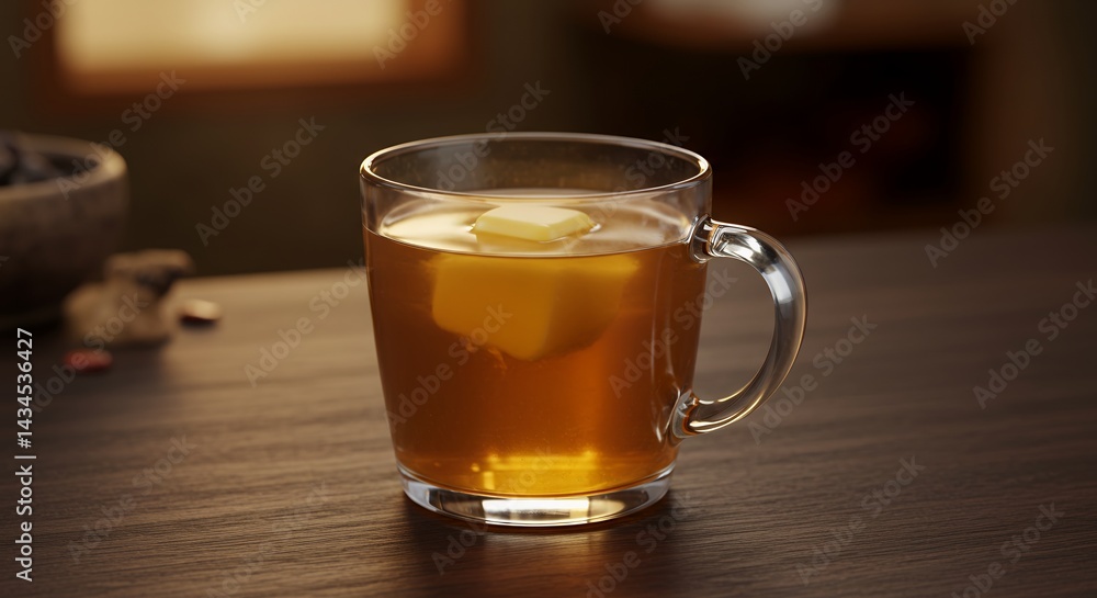 Authentic Tibetan Butter Tea in Clear Glass Mug on Wood Table Product Display with Golden Liquid and Warm Lighting Perfect for Culinary Themes Authentic Tibetan Butter Tea in Clear Glass Mug on Wood Table Product Display with Golden Liquid and Warm Lighting Perfect for Culinary Themes