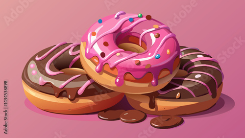 Very beautiful Donuts with pink icing and chocolate. 3d vector realistic objects. Food icon set pink background, 