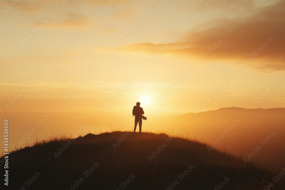 Silhouetted photographer on a hilltop, capturing the breathtaking golden sunset landscape. Silhouetted photographer on a hilltop, capturing the breathtaking golden sunset landscape.