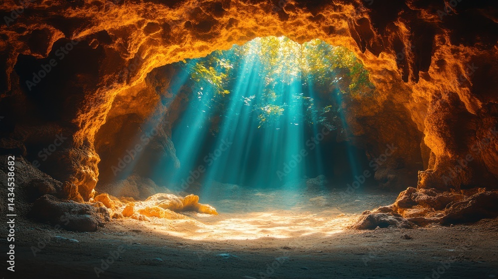 custom made wallpaper toronto digitalCave entrance with light rays shining through the opening onto the water.
