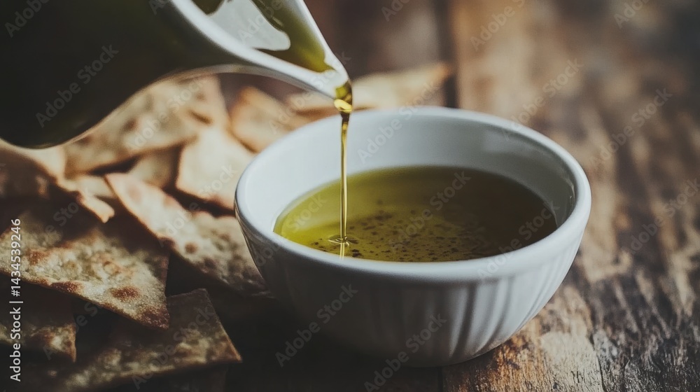 Olive oil pouring into white bowl with bread crisps on wooden table