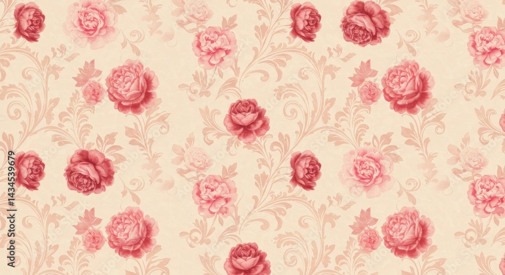 Elegant Rose Floral Pattern - Delicate pink roses and ornate leaves on a creamy background. Perfect for fabric, wallpaper, or design Elegant Rose Floral Pattern - Delicate pink roses and ornate leaves on a creamy background. Perfect for fabric, wallpaper, or design