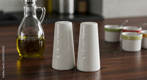 Wallpaper Mural Elegant Salt and Pepper Shakers - Pair of modern ceramic salt and pepper shakers on kitchen counter next to olive oil Torontodigital.ca