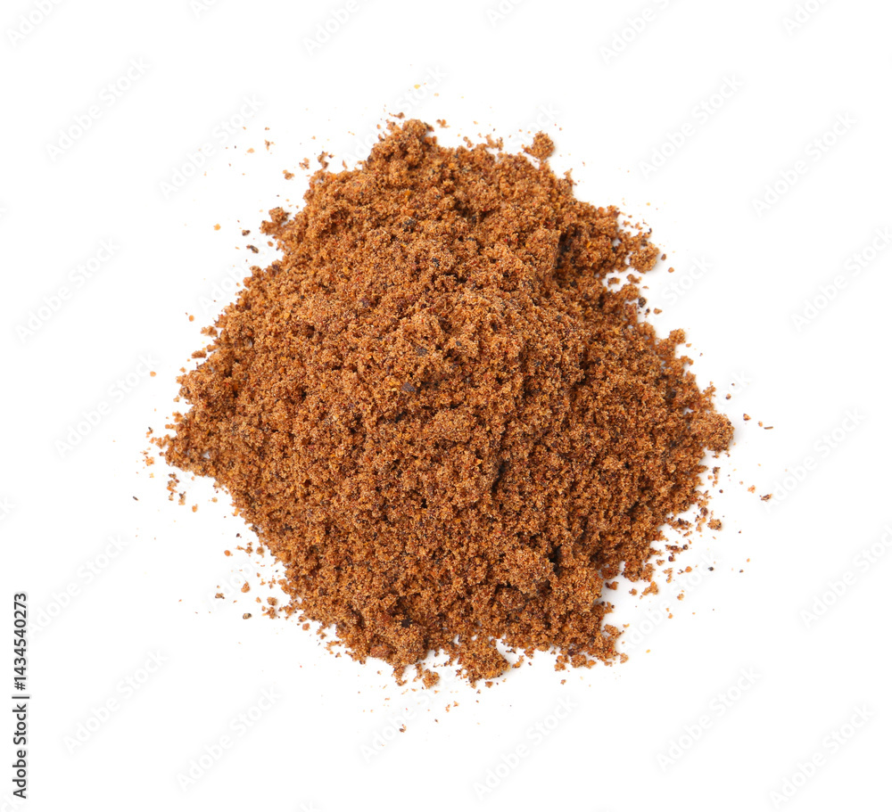 Superfood. Nutmeg powder isolated on white, top view Superfood. Nutmeg powder isolated on white, top view