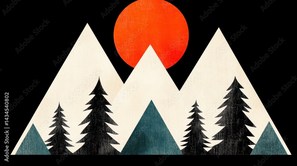 Obraz premium Stylized Mountain Sunset Illustration with Textured Background