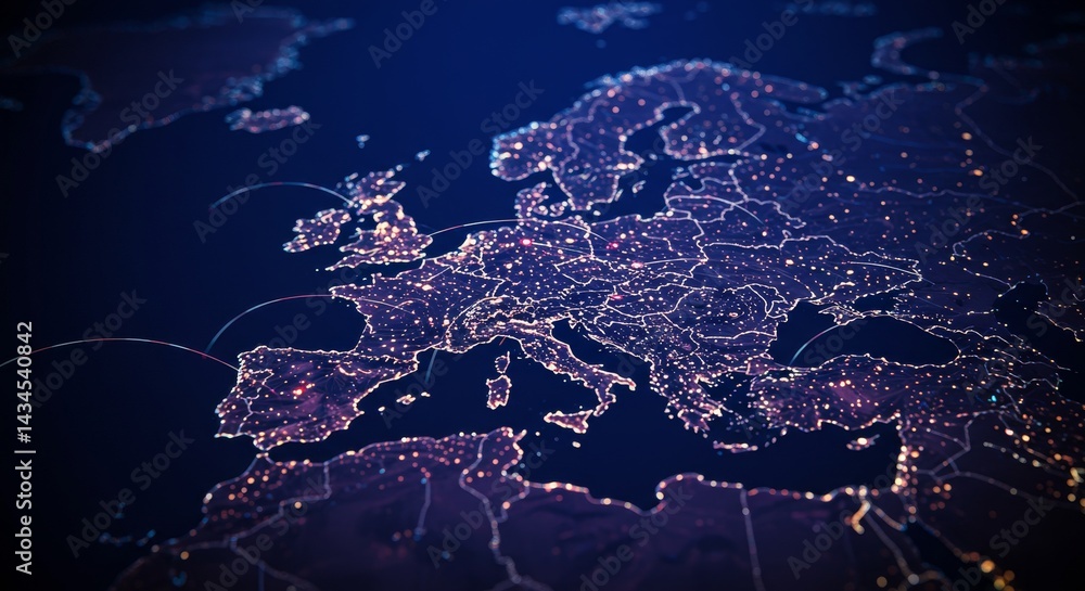 Europe Illuminated: A Network of Connections - Nighttime satellite view of Europe, showing interconnected cities and infrastructure. Represents global connectivity and networks Europe Illuminated: A Network of Connections - Nighttime satellite view of Europe, showing interconnected cities and infrastructure. Represents global connectivity and networks