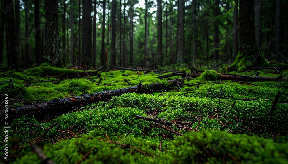 Dense forest floor rich in green moss and scattered fallen branches under twilight lighting Dense forest floor rich in green moss and scattered fallen branches under twilight lighting