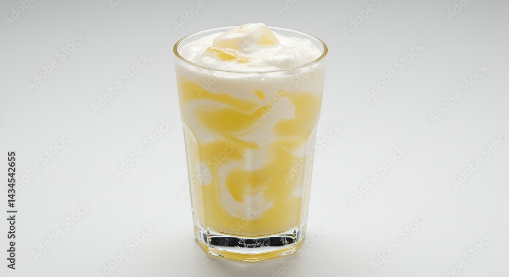 Creamy Pina Colada with Pineapple Juice Layered in Clear Glass Against White Backdrop Creamy Pina Colada with Pineapple Juice Layered in Clear Glass Against White Backdrop