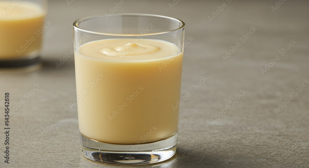 Creamy Yellow Eggnog in Glass for Holiday Ads Promotion on Neutral Background Creamy Yellow Eggnog in Glass for Holiday Ads Promotion on Neutral Background