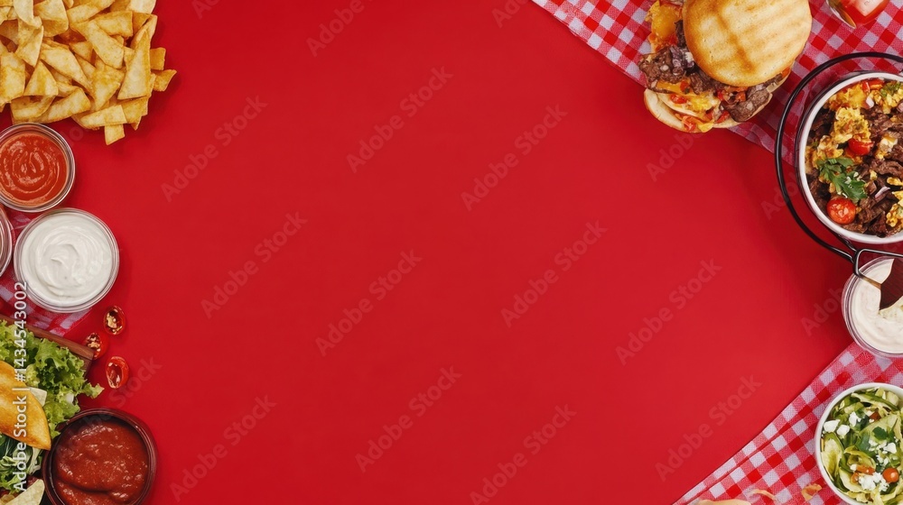 Colorful Food Spread with Snacks, Dips, and Fresh Ingredients on Red Background
