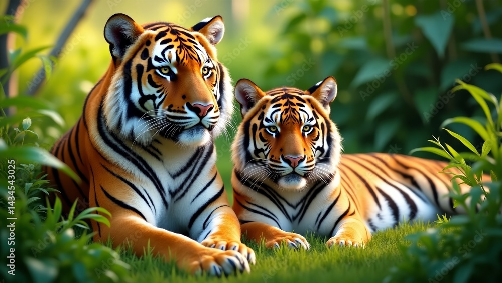 Fototapeta premium Majestic Tigers in Lush Jungle Landscape