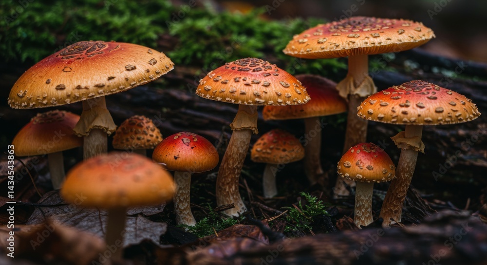 Obraz premium Forest Floor Fungi: A Cluster of Wild Mushrooms - Symbiotic growth, autumnal colors, forest ecosystem, natural beauty, vibrant fungi