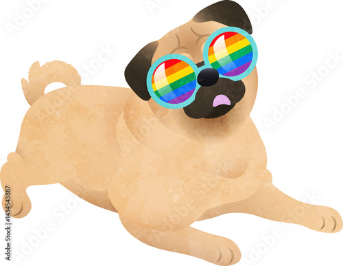 Isolated cute dog pug wearing Pride flag sunglasses illustration