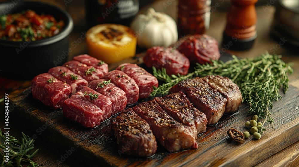 Raw and cooked meat with herbs and spices on a wooden cutting board. Raw and cooked meat with herbs and spices on a wooden cutting board.