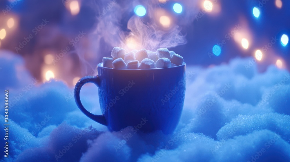 Cozy Hot Chocolate Mug with Marshmallows Surrounded by Soft Snow and Twinkling Lights