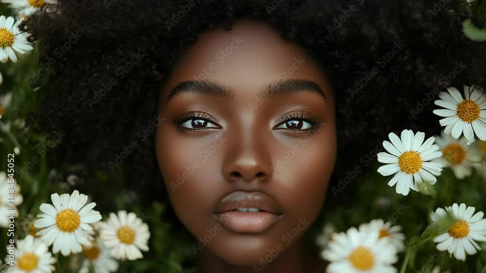 Close-up portrait of a beautiful dark-skinned woman lying amongst white daisy flowers, showcasing natural skin, elegant eyelashes and dark afro hair Close-up portrait of a beautiful dark-skinned woman lying amongst white daisy flowers, showcasing natural skin, elegant eyelashes and dark afro hair