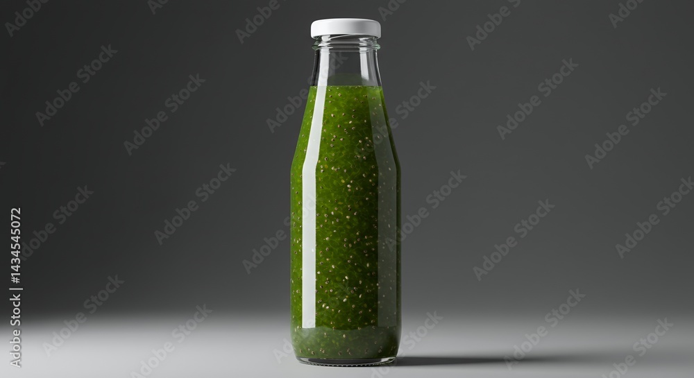 Fototapeta premium Green Chia Seed Drink in Glass Bottle Nutrient Rich Beverage for Ads and Promotion Against Gradient Gray Background