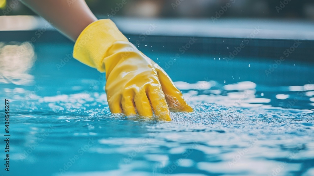 Person Wearing Yellow Gloves Cleaning Surface of Clear Blue Swimming Pool Water