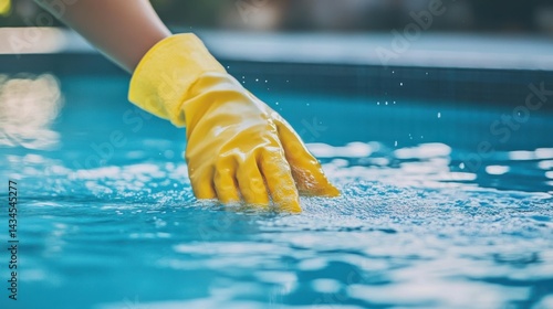 Obraz na płótnie Person Wearing Yellow Gloves Cleaning Surface of Clear Blue Swimming Pool Water w salonie