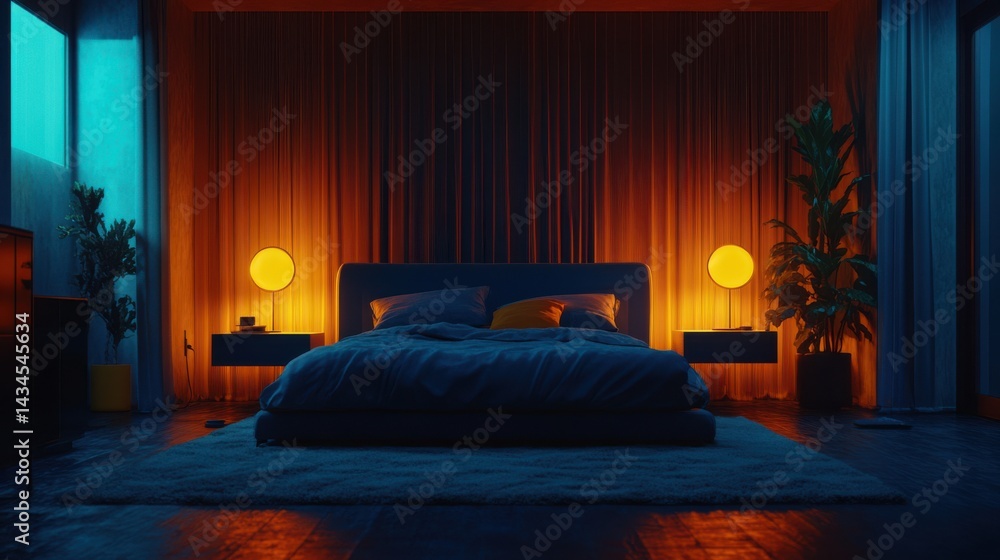 Cozy and Inviting Bedroom with Warm Ambient Lighting and Modern Design Elements