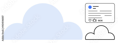 Large cloud shape with social media card showing thumbs ups and engagement. Ideal for technology, cloud computing, social networking, digital communication, online platforms, data sharing, simple