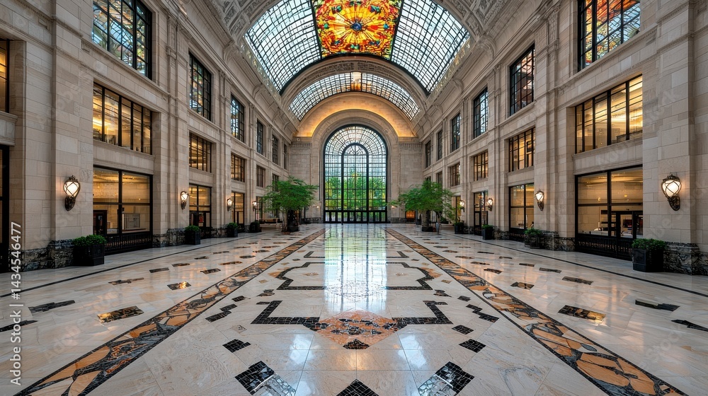 Obraz premium Grand Building Interior with Mosaic Tile Floor and Stained Glass Skylight