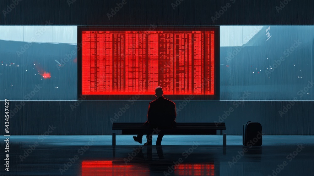 Solo traveler observes illuminated departure schedule in contemporary airport setting