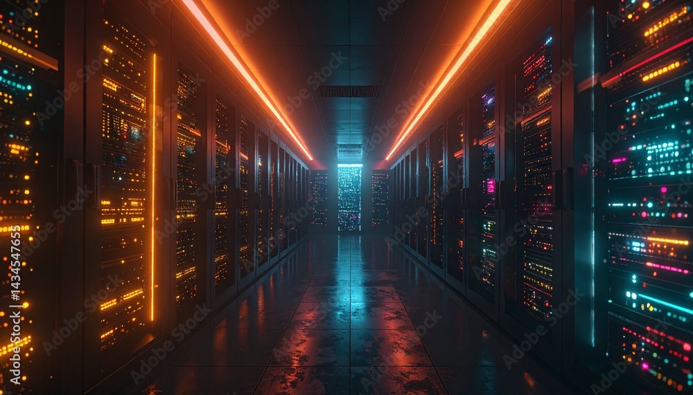 Obraz premium A futuristic data center with vibrant neon lights, showcasing server racks