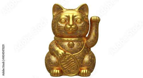 Obraz na plátně Isolated Golden Maneki Neko Lucky Cat Figurine with Intricate Details