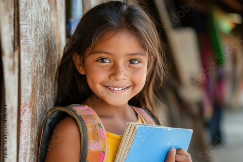 A smiling girl with a backpack and books, ready for school.