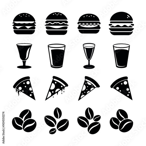 Set of burger pizza coffee beans and glass bundles