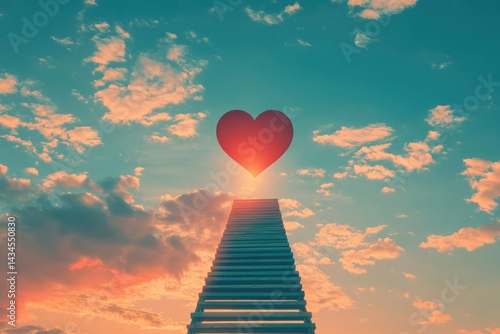 A stairway to heaven, a red heart at the top, symbolizing love and hope in a beautiful sunset sky.
