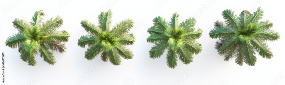 Fototapeta premium Four palm trees viewed from above, isolated against a white background