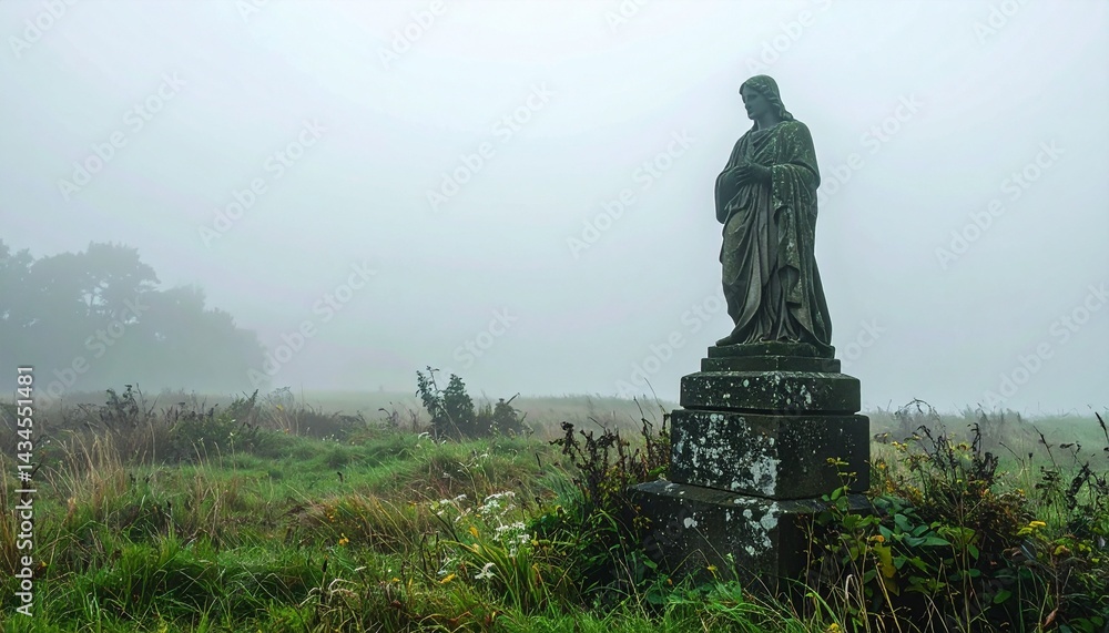 Fototapeta premium Old stone monument in an overgrown field enveloped in heavy fog