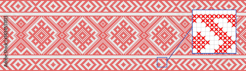Embroidery pattern. Slavic folk motifs. Imitation of cross stitch. Red ornament on white background. Seamless background.