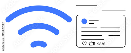 Blue wireless signal beside a social media card with thumbs ups and comments count. Ideal for connectivity, online interaction, networking, technology, digital marketing, internet culture, simple