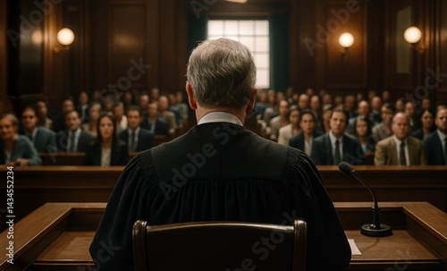 A solemn court hearing in a grand courtroom, featuring a judge presiding over a packed audience, reflecting the gravity of legal proceedings.