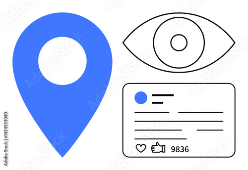 Blue geolocation marker, eye outline symbolizing monitoring, and social profile card with thumbs ups highlight key themes. Ideal for location targeting, analytics, user activity, strategy, social