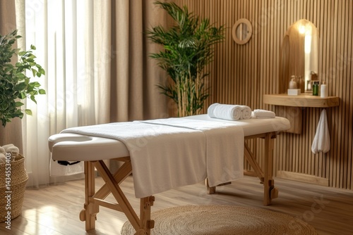 Serene spa treatment room with massage table  towels  and natural decor.