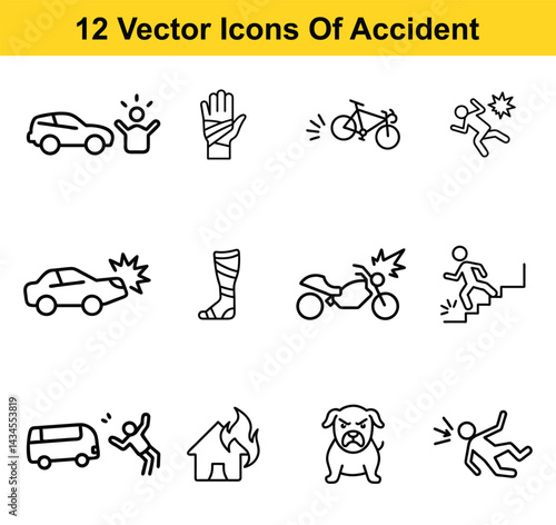 Twelve Vector Icons Illustrating Various Accident Types