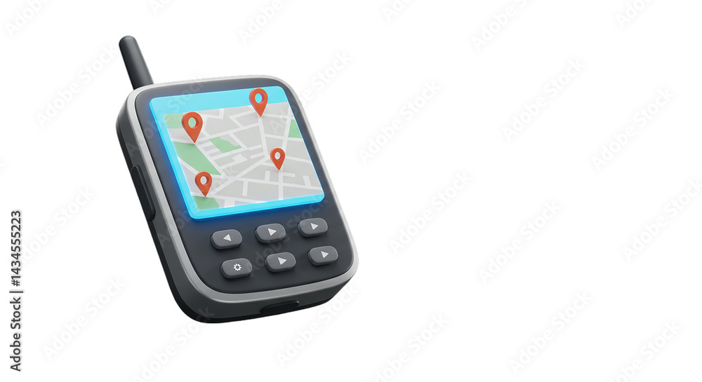 Social icons, advertising icons, business icons  a gps navigation device with a map displayed on the screen and red location pins on a black background