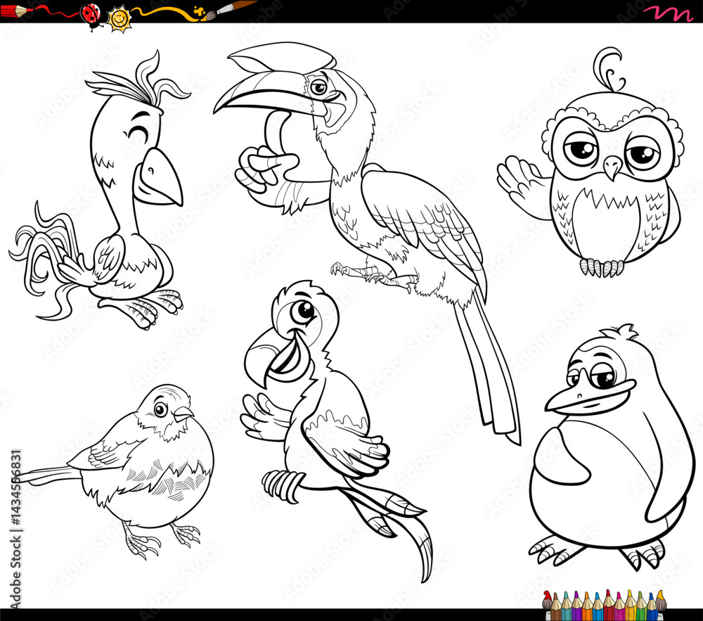 funny cartoon birds species animal characters set coloring page